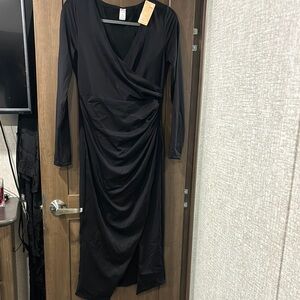 Black Long Sleeve Ruched Wrap Sheath Dress